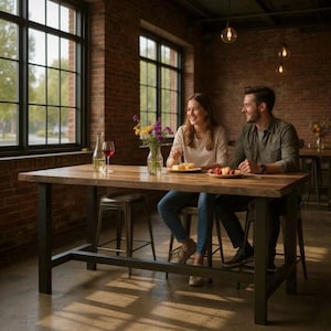 May include: A rectangular wooden dining table with a dark metal frame and legs, featuring a natural wood grain surface. The table is set with a clear glass carafe, a wine glass, and a glass vase containing a colorful bouquet of flowers.