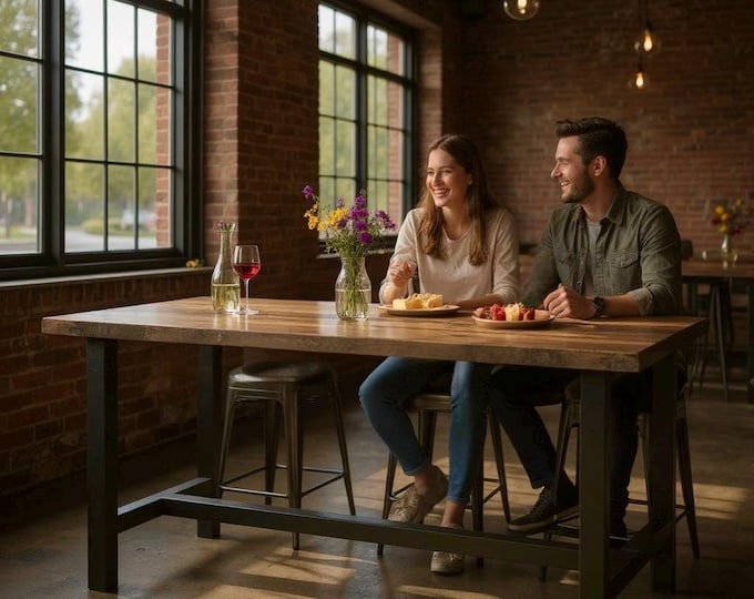Handcrafted Rustic Wood Bar Table: Industrial Steel Frame, Custom Height