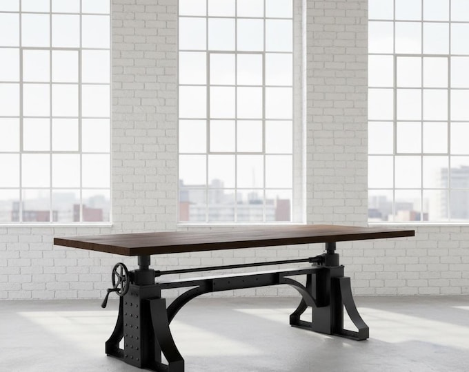 Vintage Style Crank Table Adjustable Height Table | Handcrafted Wood Table | Machine Factory Legs Style | Industrial Style Table