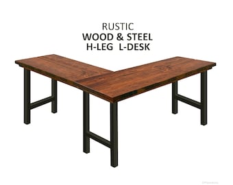 FREE SHIPPING! L-Shape Desk H-Leg, Rustic Wood & Steel Desk, Industrial Desk, Urban Wood Desk Work Station Desk Office Desk Computer Desk