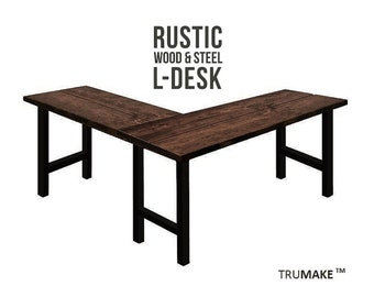 Rustic Wood L-Shaped Desk Wood Steel L-Shaped Desk, Home Office Desk, Computer Dresk, Corner Desk, Farmhouse Desks, Modern Industrial Desks