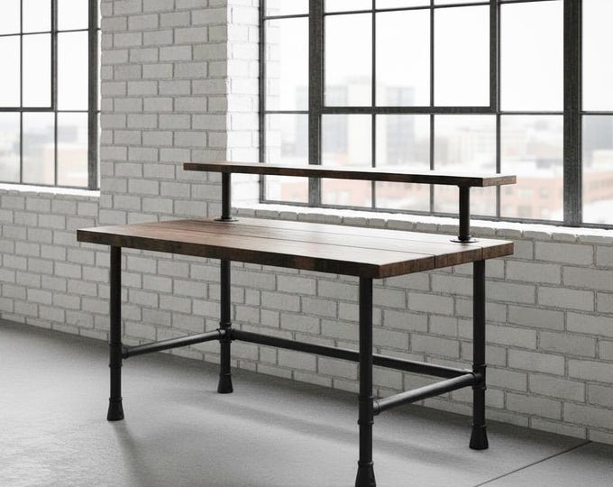 Elevated Shelf Desk - Wood & Pipe, Industrial Stylish Desk, Rustic Wood and Steel Pipe Desk, Industrial Chic Style Desk, Urban Computer Desk