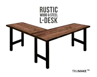 Rustic Wood L-Shaped Desk Wood Steel L-Shaped Desk, Home Office Desk, Computer Desk Any Size Corner Desk, Farmhouse Modern Industrial Desks