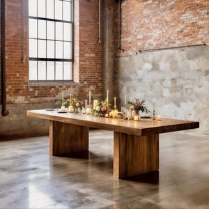 May include: A large, rectangular wooden dining table with a natural finish. The table is set with candles, flowers, and place settings. The table is supported by two thick, rectangular legs. The background features a brick wall and a large window.