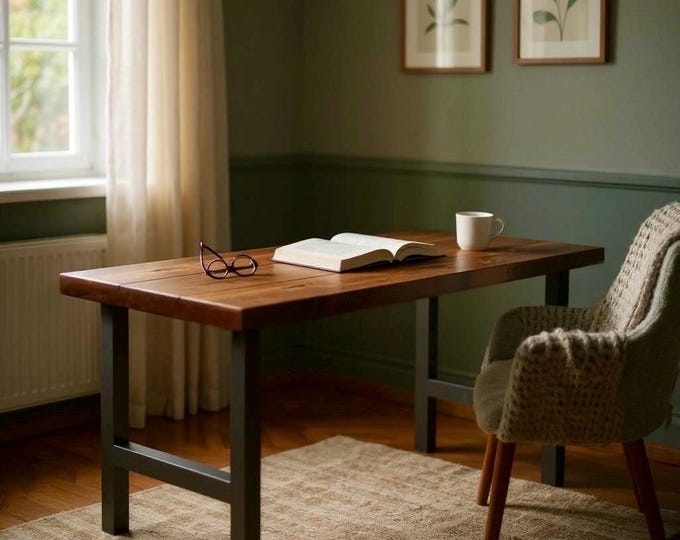 Modern Industrial Desk with H-Legs, Solid Wood Desk, Chic Rustic Wood and Steel Desk, Urban Wood Desk, Modern Desk Computer Desk Office Desk
