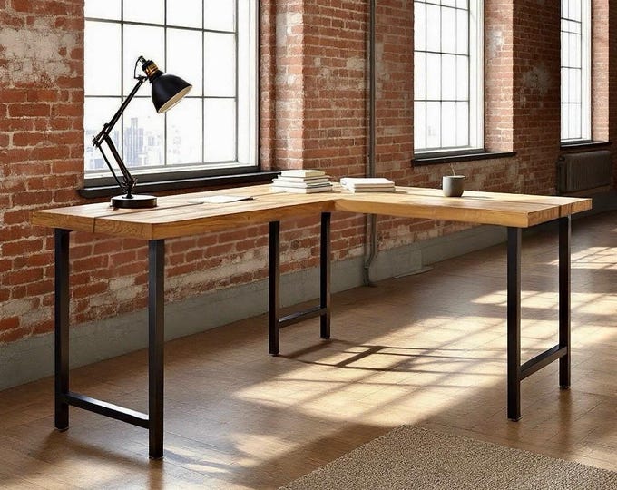TRUMAKE™ L-Shaped Desk, Wood Steel L-Desk, Home Office Desk, Rustic Corner Desk, Farmhouse Desks, Modern Industrial Desk, Computer Desk, USA