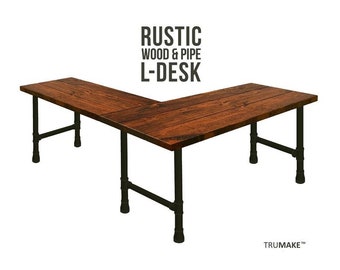 Rustic Pipe Leg L-Desk, Wood Steel L-Shaped Desk,Computer Desk, Home Office Desk, Corner Desk, Farmhouse Desks, Modern Industrial Desk