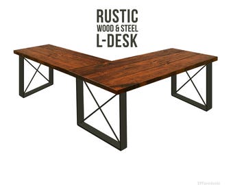 L-Shape Desk, Square-X Leg, Rustic Wood & Steel Desk, Industrial Style Desk, Urban Wood Desk Modern Farmhouse Desk Office Desk Computer Desk