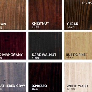 May include: Nine wood stain color samples, including Pecan, Chestnut, Cigar, Red Mahogany, Dark Walnut, Rustic Pine, Weathered Gray, Espresso, and White Wash.  The samples are arranged in a 3x3 grid.