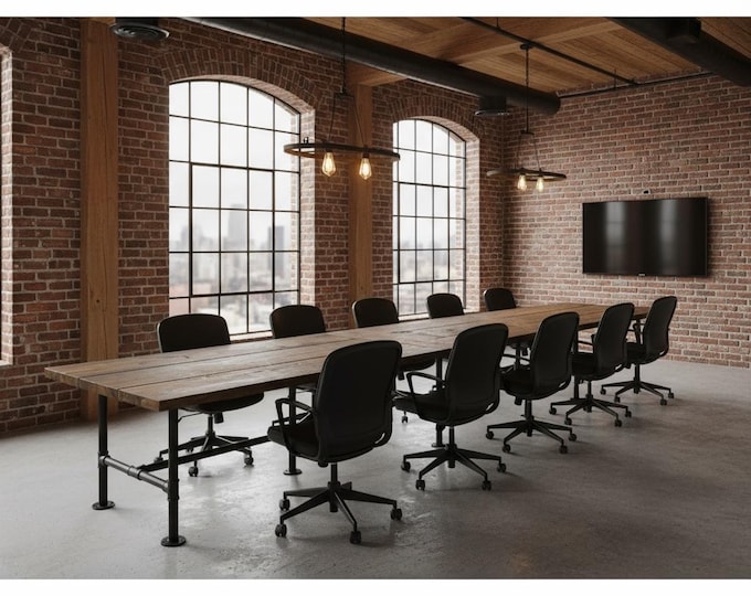 Conference Table, Industrial Pipe Conference Table, Office Table, Urban Wood Table, Large Pipe Table Rustic Wood & Pipe Table