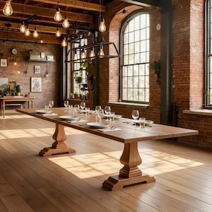 May include: A long rectangular wooden dining table with two pedestal bases, set with white plates and clear glasses. The table is positioned in a room with exposed brick walls, large arched windows, and multiple hanging pendant light bulbs.