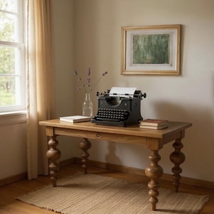 May include: A black manual typewriter with a sheet of white paper sits on a wooden desk with turned legs. Beside the typewriter are two stacked books, a clear glass vase with dried lavender stems, and a single book to the left.