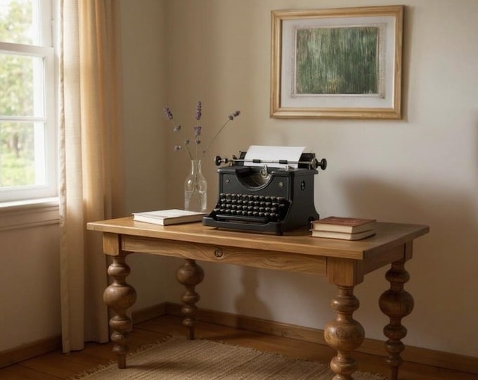 Handcrafted Rustic Wood Desk or Farmhouse Table | Bobbin Legs Desk | Solid Wood | Spindle Legs Table | Made by TRUMAKE