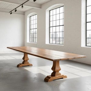 May include: A long rectangular wooden dining table featuring a smooth, natural brown wood grain surface. The table is supported by two substantial, carved pedestal bases with tiered, square-shaped feet, providing a stable foundation.