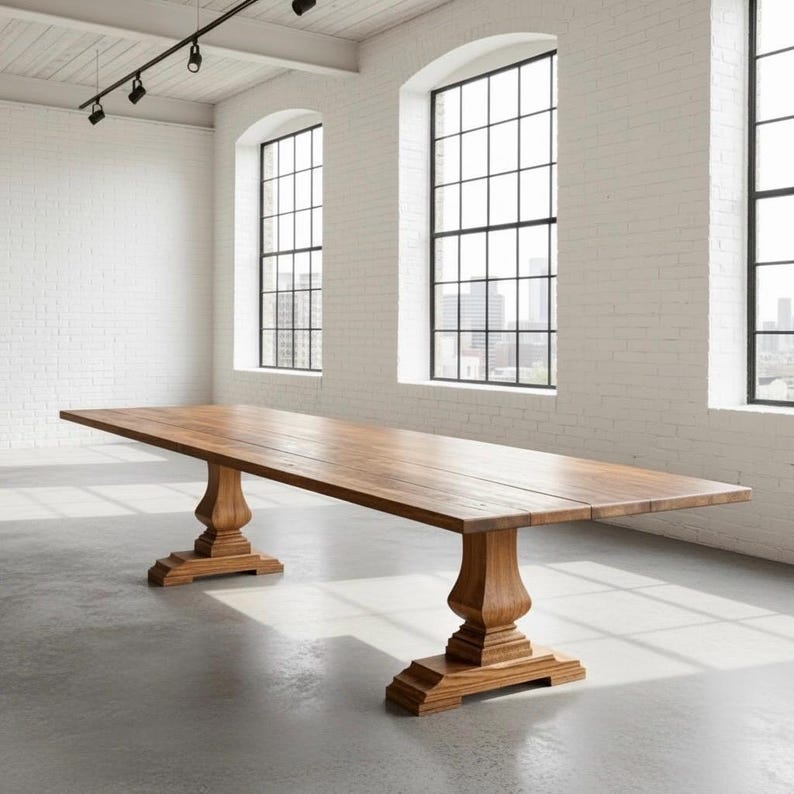 May include: A long rectangular wooden dining table featuring a smooth, natural brown wood grain surface. The table is supported by two substantial, carved pedestal bases with tiered, square-shaped feet, providing a stable foundation.