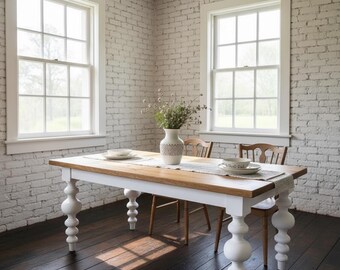 Handcrafted Rustic Wood White Leg Farmhouse Table | Bobbin Legs Table | Solid Wood | Spindle Legs Table | Made by TRUMAKE