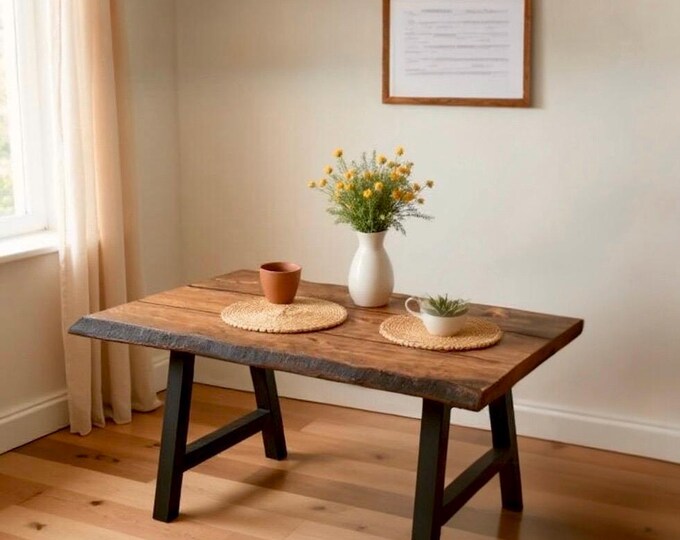 RUSTIC EDGE TABLE, Rough Edge Dining Table, Harvest Table, Solid Wood and Steel Industrial Table, Handcrafted Kitchen Tables, Modern Tables