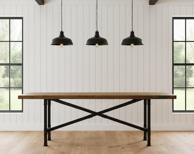 X-Pipe Dining Table Rustic Wood & Pipe Table, Trestle Table, Farmhouse Table Dining Table, Industrial Style, Urban Wood Table, Harvest Table