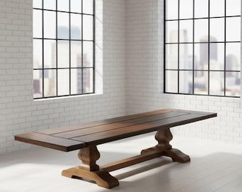 LONG PEDESTAL TABLE | Large Table | Double Pedestal Table | Farmhouse Table | Harvest Table | Dining Table | Handcrafted Solid Wood Table