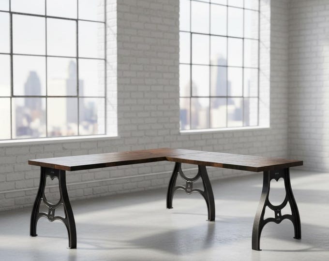 Vintage Style L-Desk Industrial Machine Leg Style Wood Steel L-Shaped Desk, New York Office Desk, Gift, Home Office Desk, Rustic Corner Desk