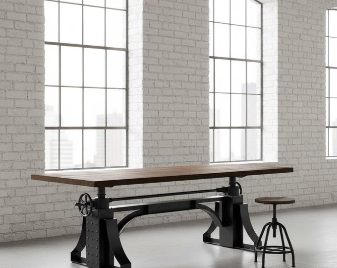 Vintage Style Crank Table Adjustable Height Table | Handcrafted Wood Table | Machine Factory Legs Style | Industrial Style Table