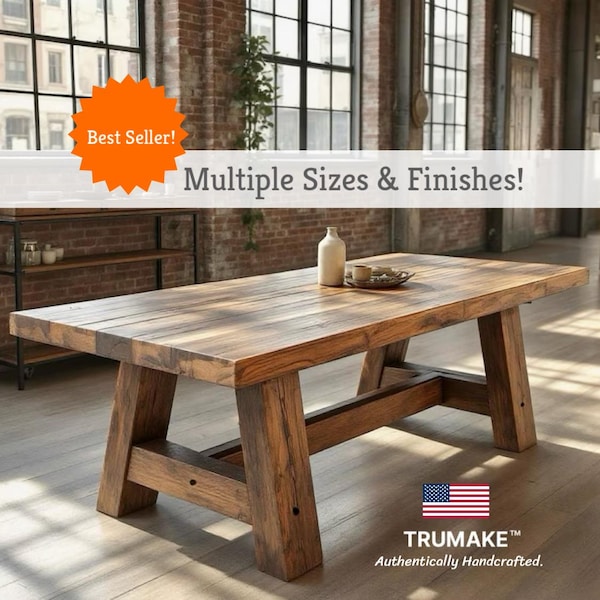 SOLID WOOD TABLE | Handcrafted Thick Wood Rustic Dining Table | Harvest Dining Table | Rugged Wood Table Heavy Table | Kitchen Farm Table