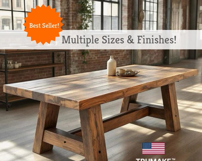 SOLID WOOD TABLE | Handcrafted Thick Wood Rustic Dining Table | Harvest Dining Table | Rugged Wood Table Heavy Table | Kitchen Farm Table