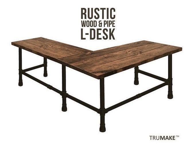 TRUMAKE™ L-Shaped Desk, L-Desk, Industrial Style Pipe and Wood Computer Desk, Corner Desk, Rustic Wood Desk, Wood Desk, Office Desk, USA