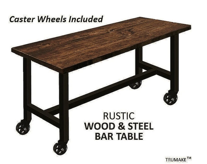 Mobile Bar Table Island on Caster Wheels. Handcrafted from Rustic Wood and Steel.