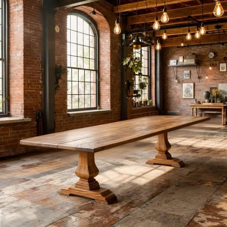 May include: A long rectangular wooden dining table with a smooth surface and two thick, carved pedestal bases. The table is crafted from light brown wood with visible grain patterns, featuring a sturdy construction and a wide, flat tabletop.