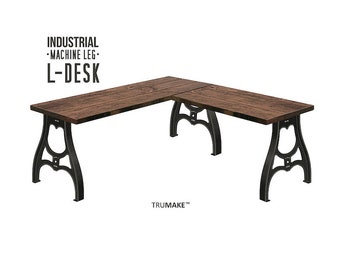 VINTAGE STYLE L-DESK, Industrial Machine Leg Style Wood Steel L-Shaped Desk, Home Office Desk, Rustic Corner Desk Modern Desk Computer Desk