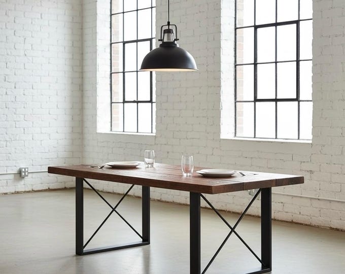 Farmhouse Table Dining Table w/ Square-X Legs, Modern Table Rustic Wood & Steel Table, Industrial Chic Style,, Urban Wood, Harvest Table
