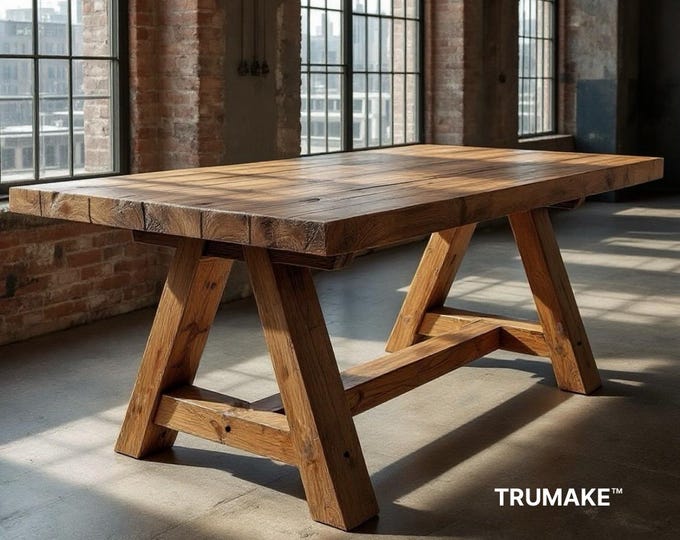 TRESTLE WOOD TABLE | Handcrafted Thick Wood Rustic Dining Table | Harvest Dining Table | Rugged Wood Table Heavy Table | Kitchen Farm Table