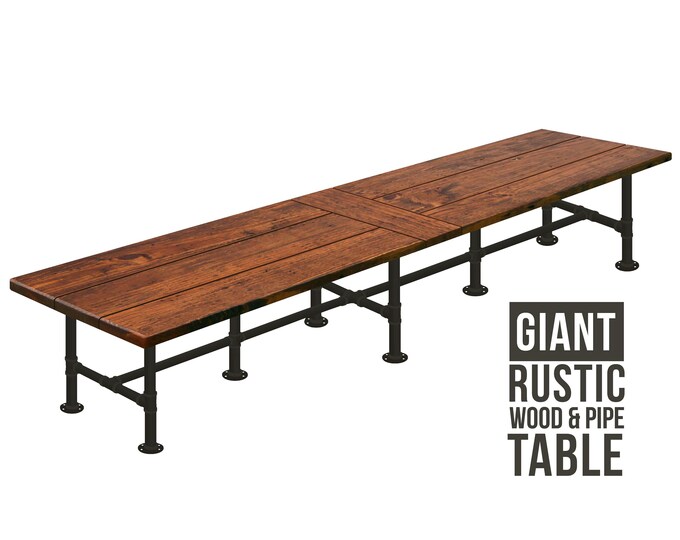155"Lx34"Wx30"H - Long Table Rustic Wood & Pipe Table, Industrial Table Rustic Wood and Pipe Table Dining Table, Harvest Farmhouse Table