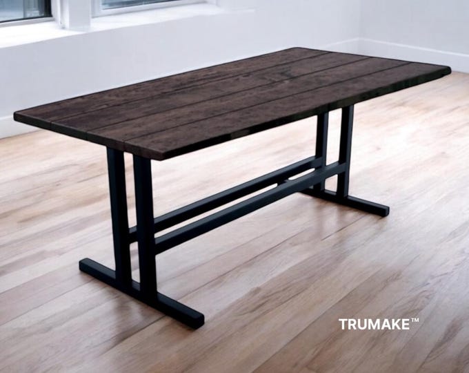 Modern Pedestal Table with steel legs. Rustic Wood and Industrial Steel Leg Restaurant Table. Modern Farmhouse Table. Kitchen Dining Table.