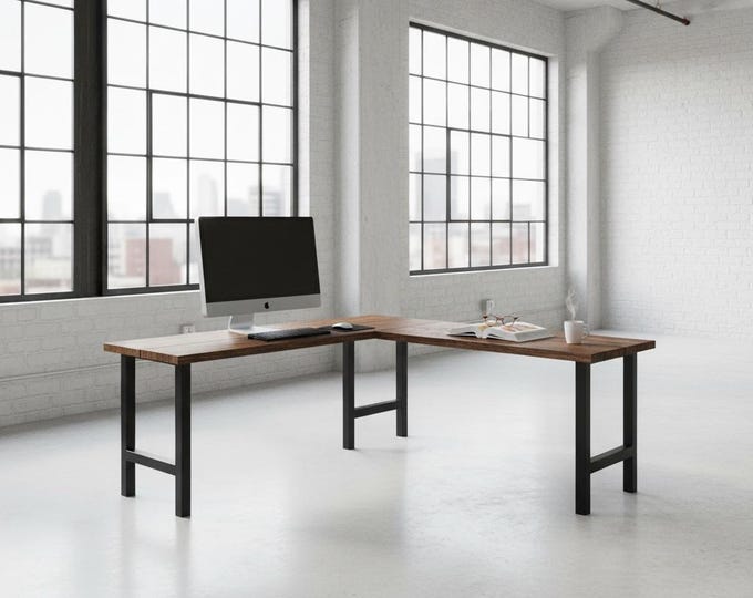 Rustic L-Shaped Wood & Steel Desk: Farmhouse Corner Desk