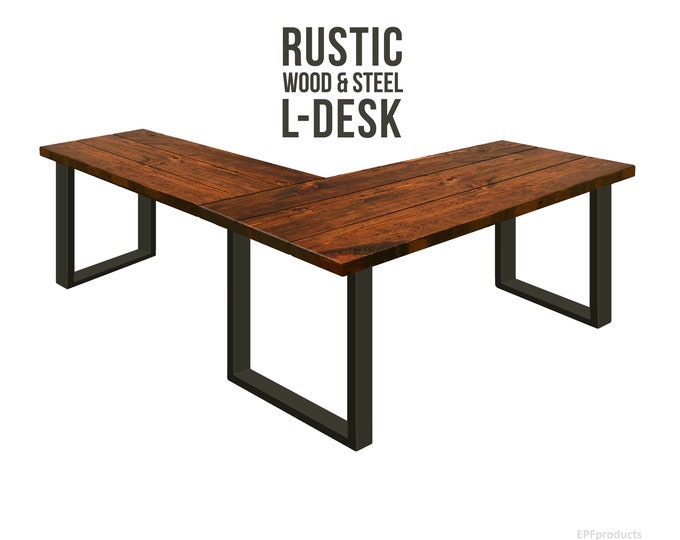 L Shaped Desk Modern Square Leg, Rustic Wood & Steel Desk, Industrial Style Desk, Solid Wood Desk, Farmhouse Desk Office Desk Computer Desk