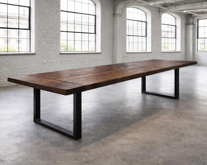 Rustic Wood and Steel Table, Solid Wood Dining Table, Conference Table, Square Leg Table, Metal Wood Kitchen Table, Steel Leg Table, USA