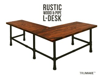 L-Shaped Desk, Corner Desk, Wood & Pipe Desk, Industrial Desk, Rustic Wood and Steel Pipe Desk, Urban Wood Desk, Office Desk Computer Desk