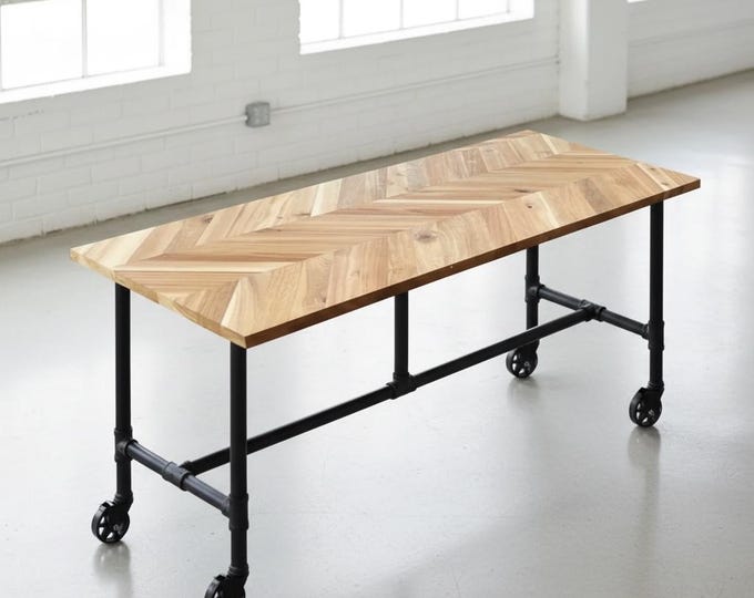 Chevron Wood Bar Table: Industrial Rolling Pub Table