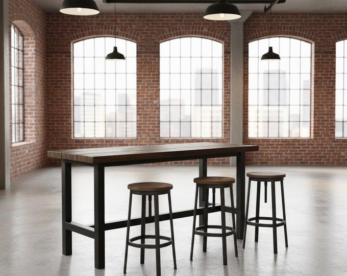 TRUMAKE Rustic Wood & Steel Bar Table: Modern Industrial Pub Table