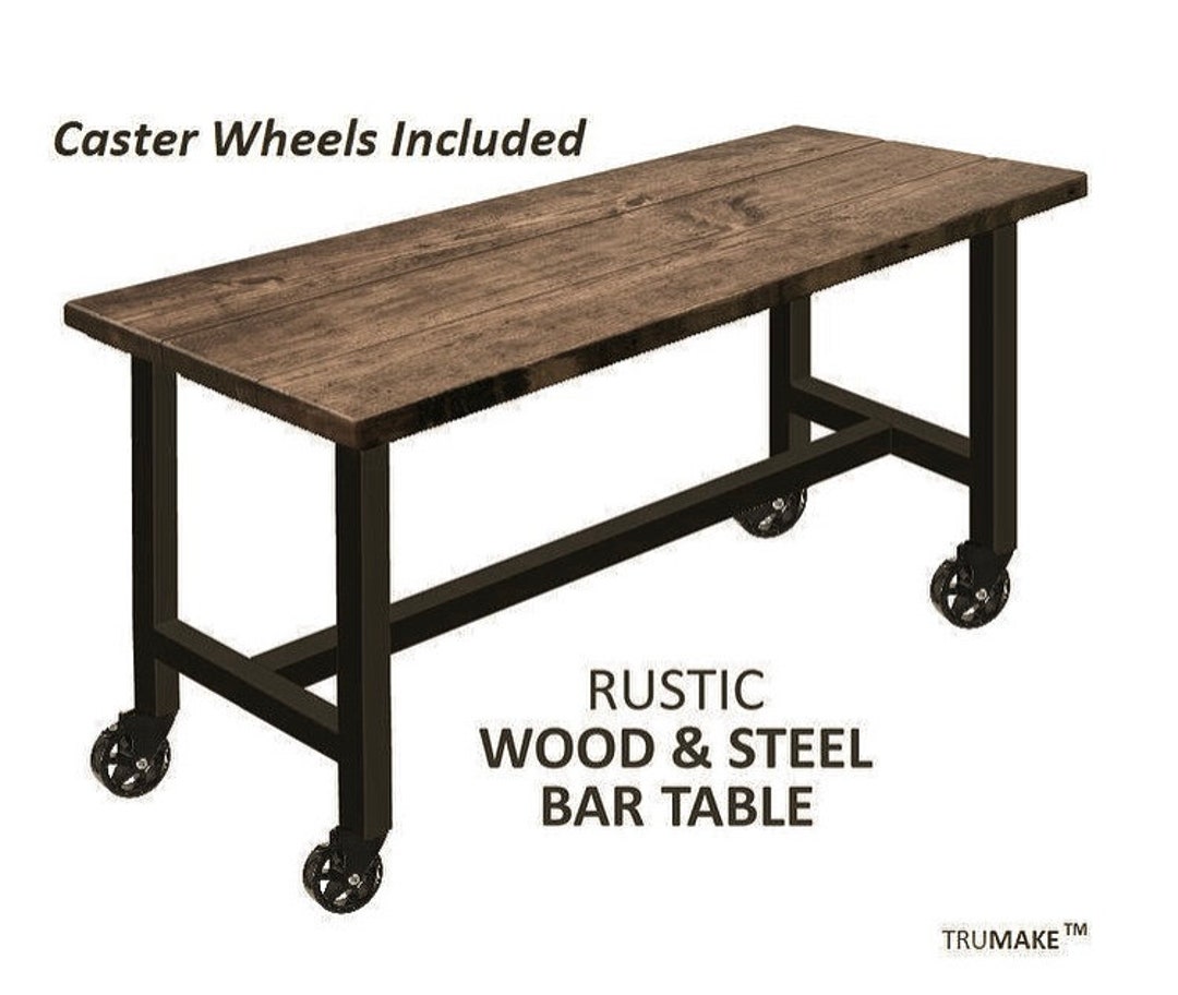 Rustic Bar Table With Locking Caster Wheels. Mobile Bar Table. Solid Wood and Steel. Pub Table. Counter Table. Modern Industrial Table Etsy UK