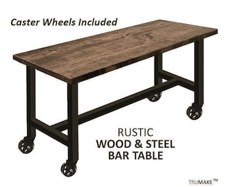 Mobile Rustic Bar Table with Locking Caster Wheels. Mobile Bar Table. Solid Wood and Steel. Pub Table. Counter Table Modern Industrial Table