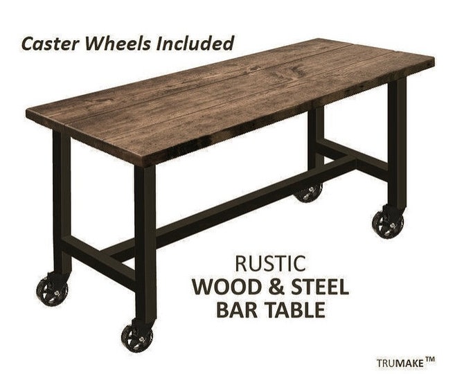 Rustic Bar Table with Locking Caster Wheels. Mobile Bar Table. Solid Wood and Steel. Pub Table. Counter Table. Modern Industrial Table