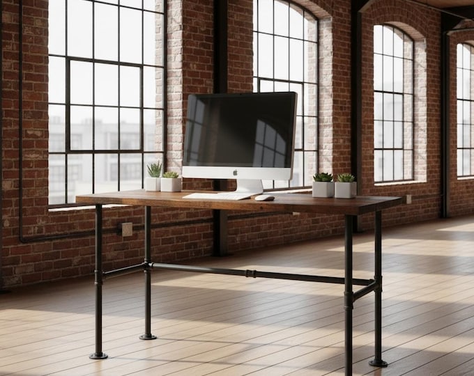 FREE SHIPPING! 42" Tall Standing Desk, Industrial Style Desk, Rustic Wood and Pipe Desk Urban Wood Desk Steam Punk Desk Office Computer Desk