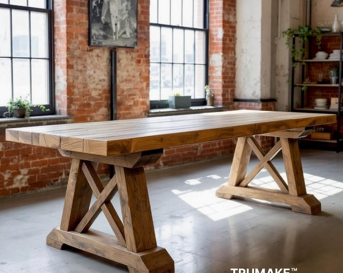 HANDCRAFTED WOOD TABLE | Thick Wood Rustic Dining Table | Harvest Dining Table | Rugged Wood Table Heavy Table | Kitchen Farm Table |