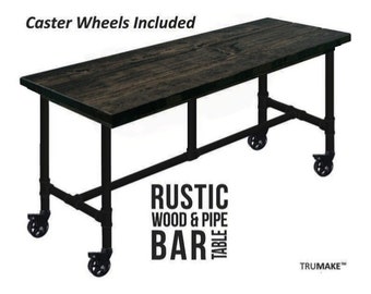 Mobile Table Counter Height Rolling Vintage Bar Table. Rustic Bar Table Restaurant Bar Table Caster Wheels Pub Table. Industrial Bar Table