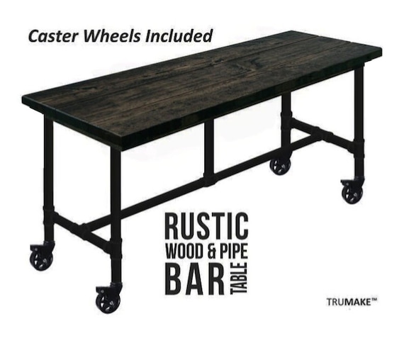 Caster Wheels Counter Height Rolling Vintage Bar Table. Rustic Bar