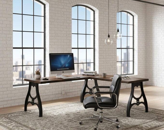 MACHINE LEG L-DESK, Industrial Style Wood Steel L-Shaped Desk, Home Office Desk, Rustic Corner Desk, Modern Desk, Urban Desk, Computer Desk