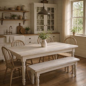 May include: A light-colored wooden dining table with a matching bench and four wooden chairs. The table is in a kitchen setting with a white cabinet, shelves, and a window. A white pitcher with greenery sits on the table.